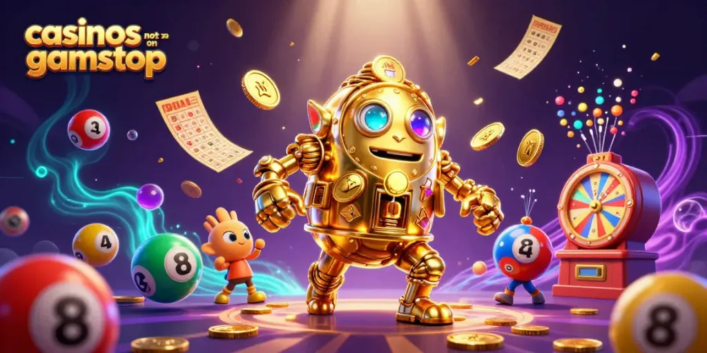 Engage with casinos not on gamstop, featuring a 3D golden golem and vibrant gaming elements