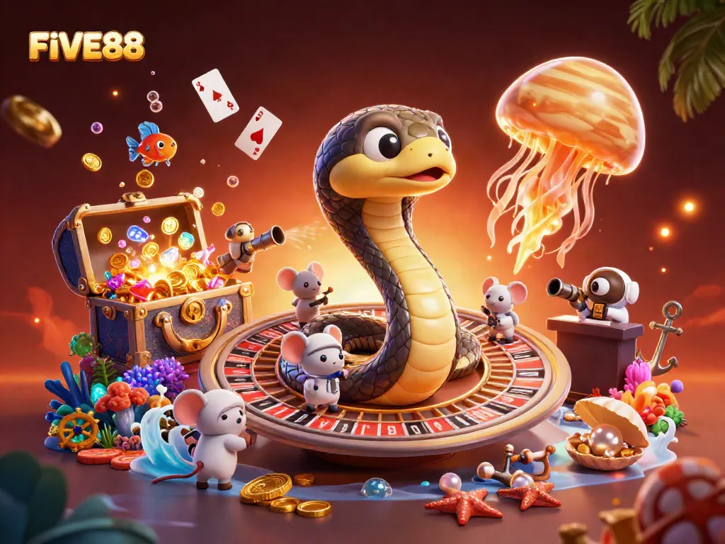 Bet on FIVE88’s roulette wheel as cosmic dealer jellyfish oversees lively gameplay.