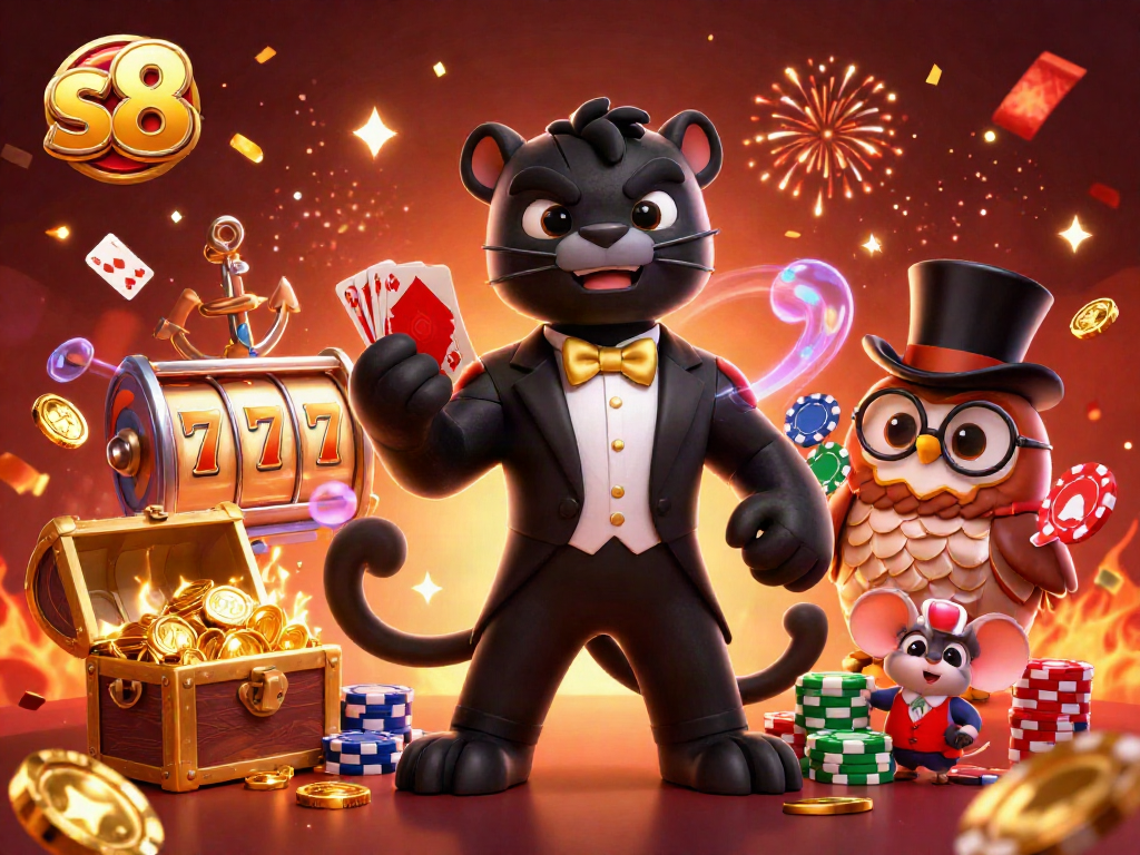 s8 - stylish cartoon black panther deals cards at a vibrant slot scene with unique characters and festive confetti.