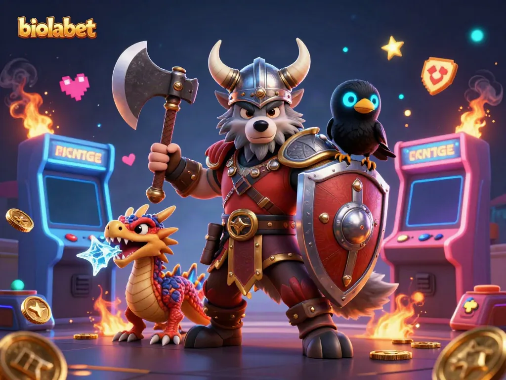 Experience the thrill of biolabet gaming with a Viking warrior and dragon in a dynamic casino scene.