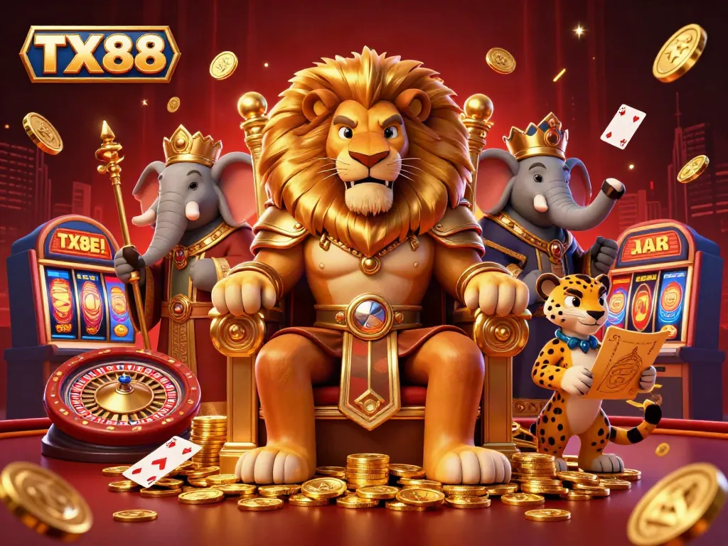 Experience the thrilling TX88 casino with the lion king, elephant advisor, and cheetah messenger in a vibrant 3D scene.