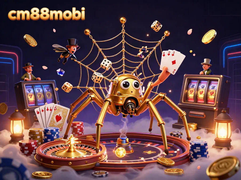 Engage in thrilling gameplay at cm88mobi, featuring steampunk aesthetics, golden spider, and casino elements.