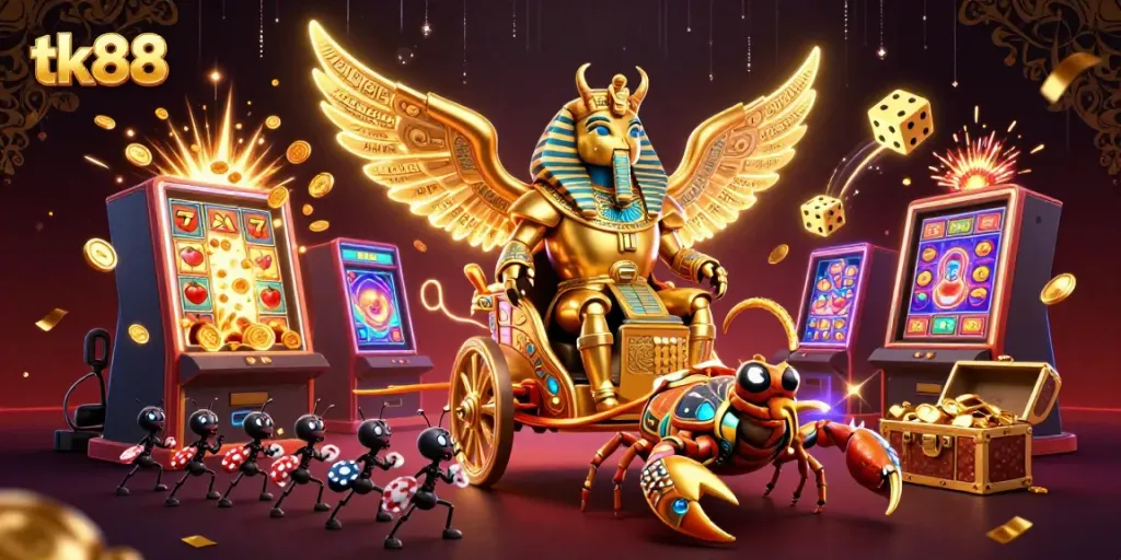 Experience the excitement of tk88 with a vibrant 3D casino scene featuring a golden scarab and slot machines.