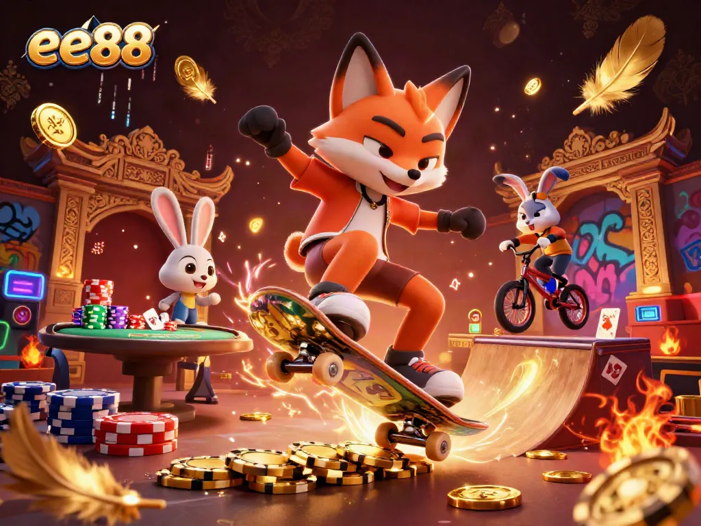 Engaging scene of ee88 with a skateboarder fox and BMX rabbit in a vibrant casino setting, showcasing dynamic action.
