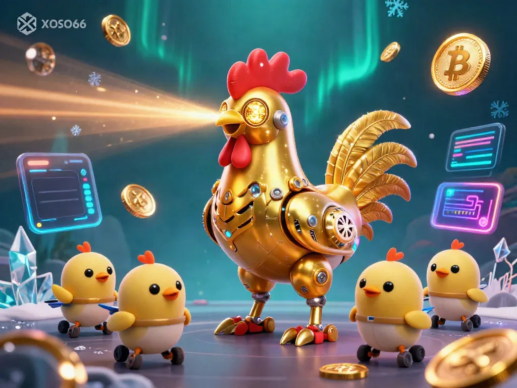 Engage with XOSO66 through a spectacular 3D illustration showcasing futuristic gaming elements and crypto coins.