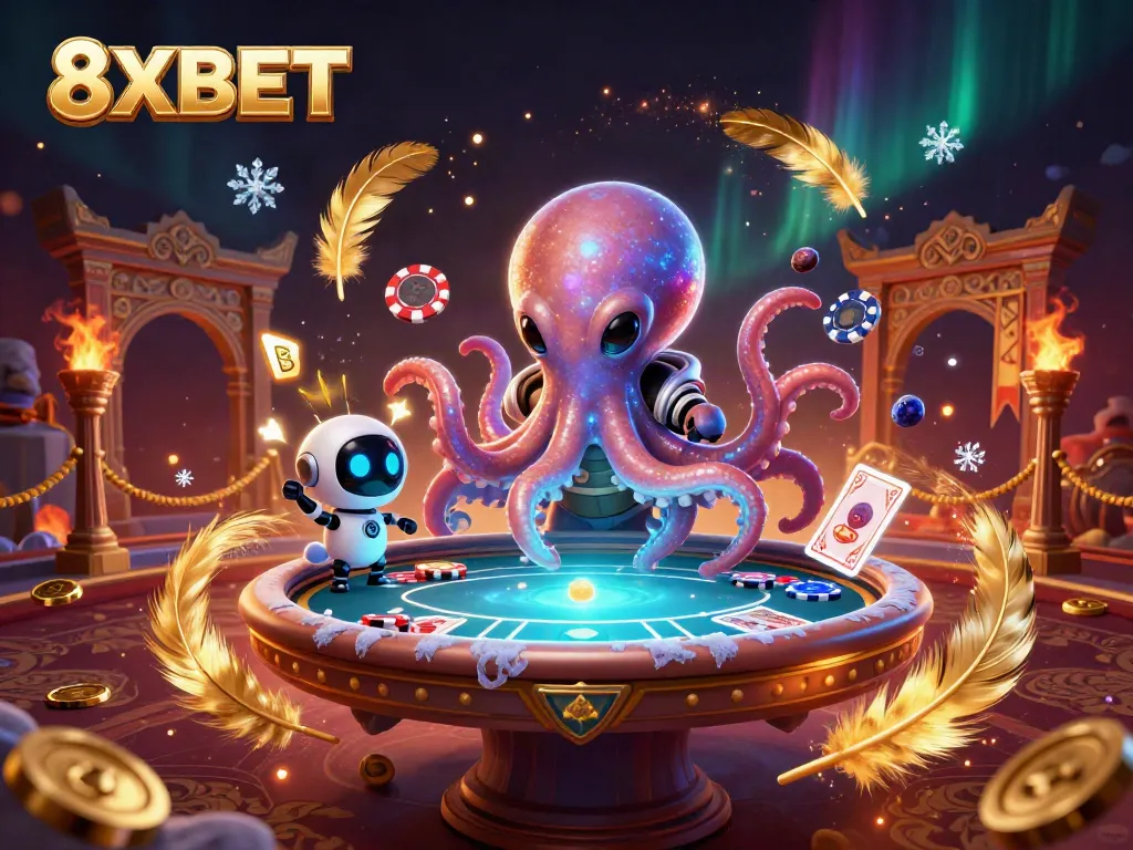 Engage with the exciting poker scene at 8XBET featuring an alien octopus and vibrant cosmic elements.