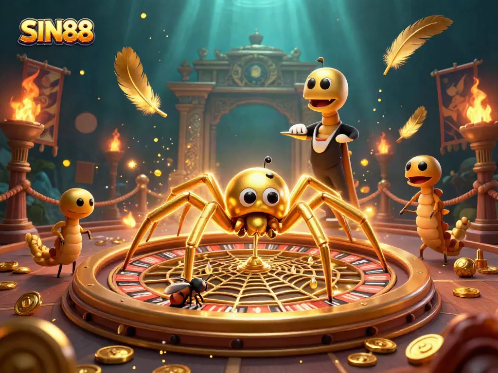 SIN88 players betting at a golden roulette web, experience exhilarating online gambling.