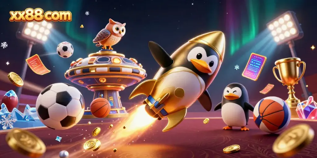 Experience the thrill of xx88 com with a golden penguin racing towards a casino space station, surrounded by vibrant sports elements.