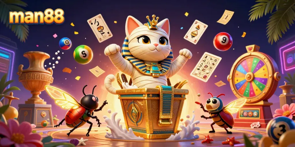 Engage with man88's vibrant gaming experience featuring a cartoon Egyptian mummy cat, and colorful casino elements.