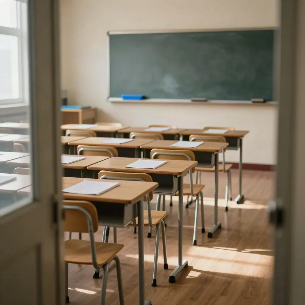 Pusta klasa matematyczna z równymi ławkami, kartami sprawdzianów i czystą tablicą.
