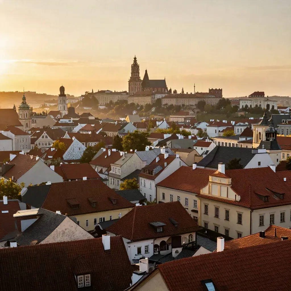 Złoty widok na Kraków: dachy, Wawel i wieże kościołów nad miękką mgłą.