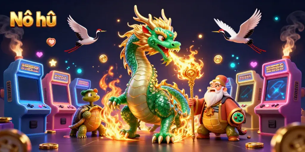 Experience Nổ hũ thrills through vibrant dragons and magical elements in a colorful casino scene.