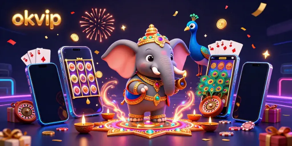 Capture exciting casino moments with okvip featuring a colorful festival-themed 3D illustration.