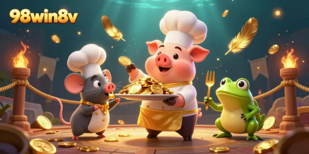 Watch the 98win8v chef pig and friends serve enticing gold coin delights in a thrilling casino setting.