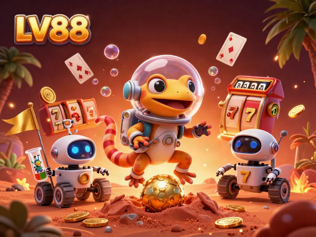 Spin the reels and discover LV88's vibrant golden casino universe with Martian gecko and friends.