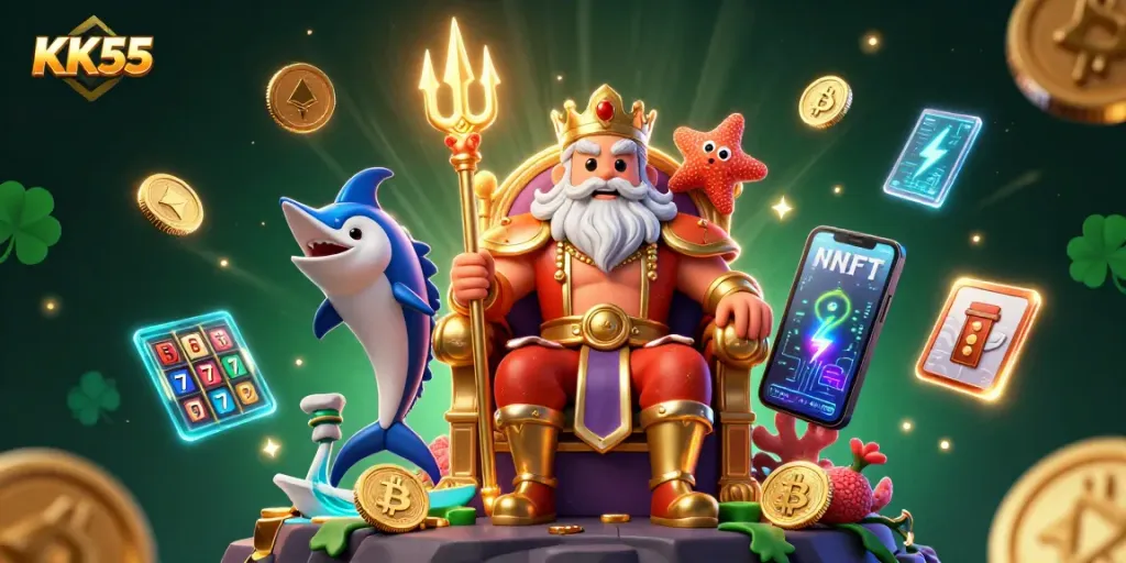 Experience the excitement of KK55's unique gambling scene with Neptune and vibrant crypto elements.