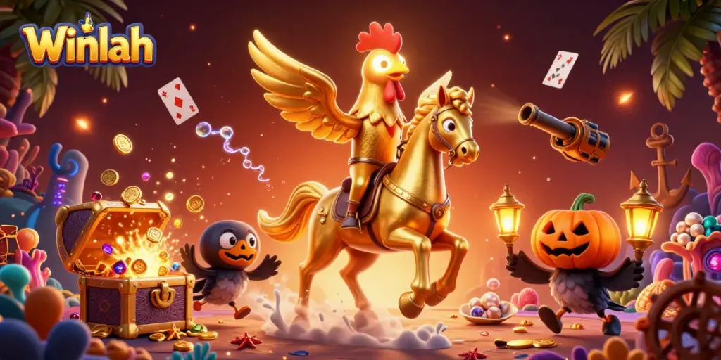 Winlah embodies dynamic casino excitement with its vibrant 3D golden rooster scene.
