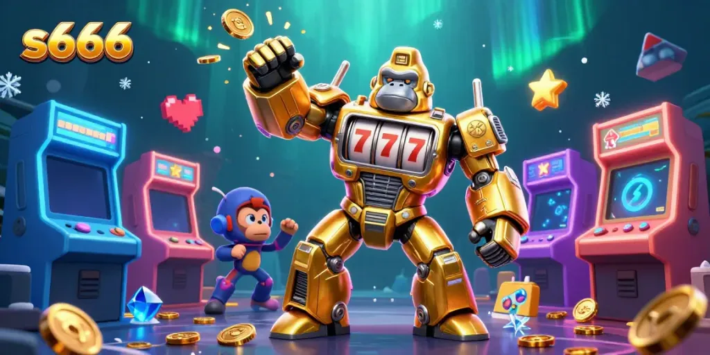 Experience thrilling gaming action with s666's 3D casino mech and vibrant arcade elements shining brightly.
