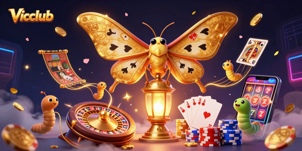 Experience thrilling wins at Vicclub with golden coins, vibrant poker chips, and a dazzling casino scene.