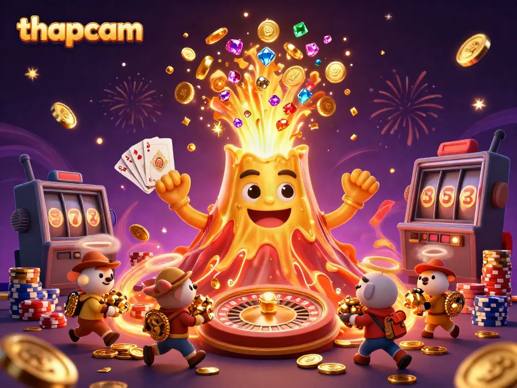 Experience thrilling gameplay with thapcam as golden coins and gems burst from a volcano, surrounded by vibrant casino elements.