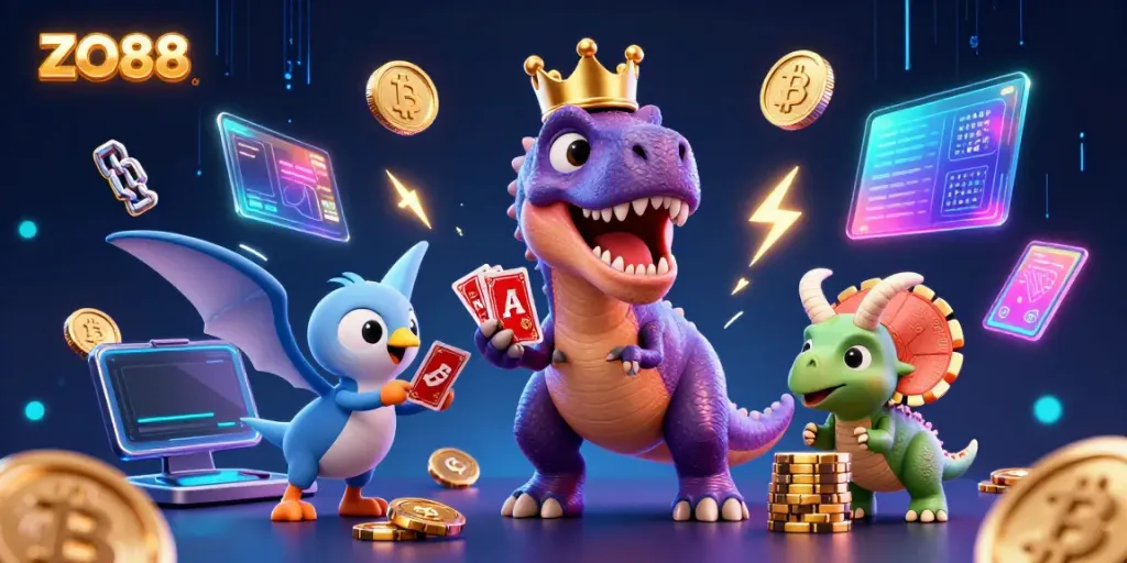 Experience thrilling gameplay with ZO88 in this vibrant 3D casino illustration, featuring fun characters and crypto elements.