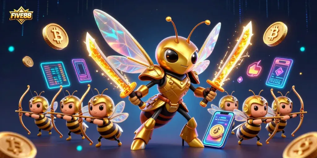Experience the excitement at FIVE88 with a vibrant 3D illustration of dynamic casino action and crypto elements.