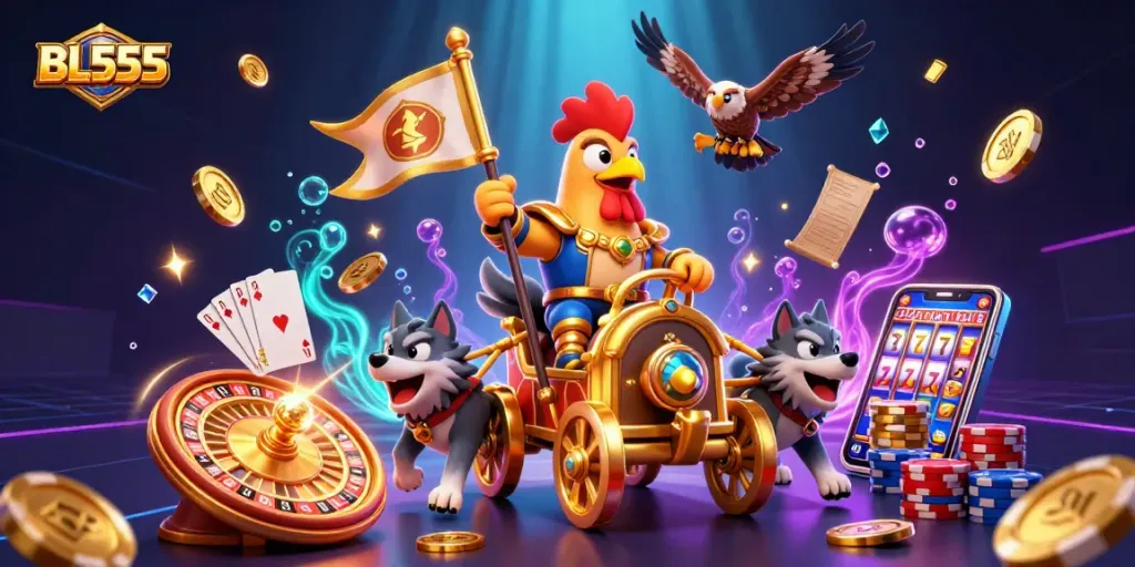 Engage with BL555's thrilling gaming world, featuring golden coins, cards, and dynamic characters.