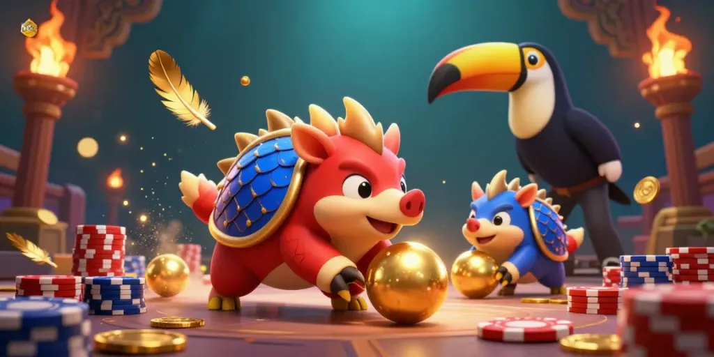 Engage in thrilling action with pangolins at 28bet, rolling through poker chips in this vibrant casino scene.