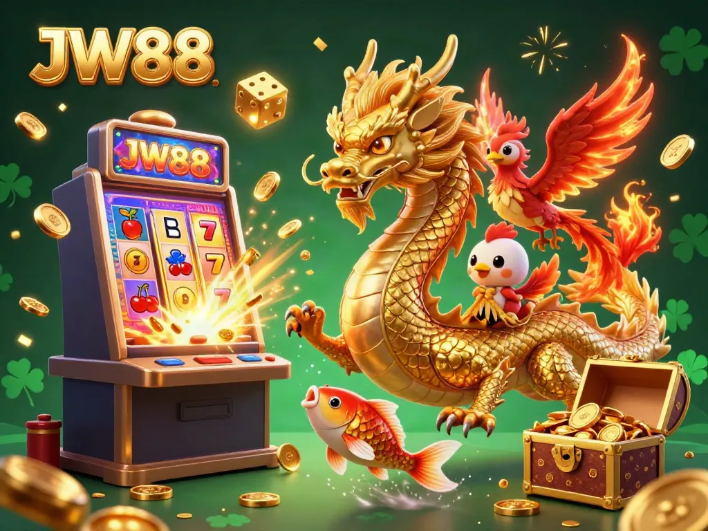 Experience the thrill of JW88 with vibrant casino action featuring a golden dragon, phoenix, and koi fish in dynamic play.