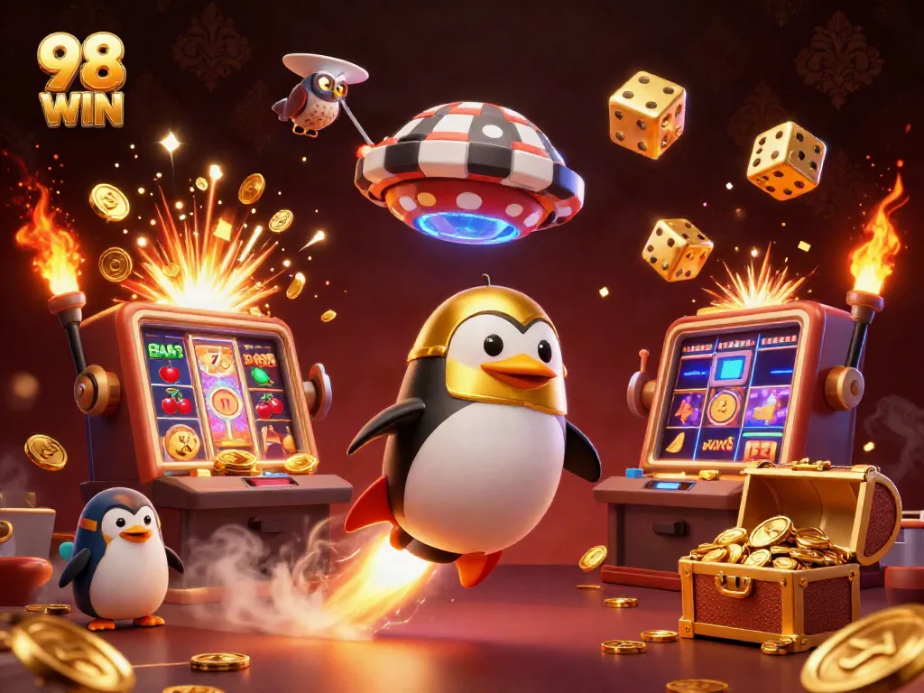 Win big at 98 WIN casino with a vibrant scene of a golden penguin and casino elements.