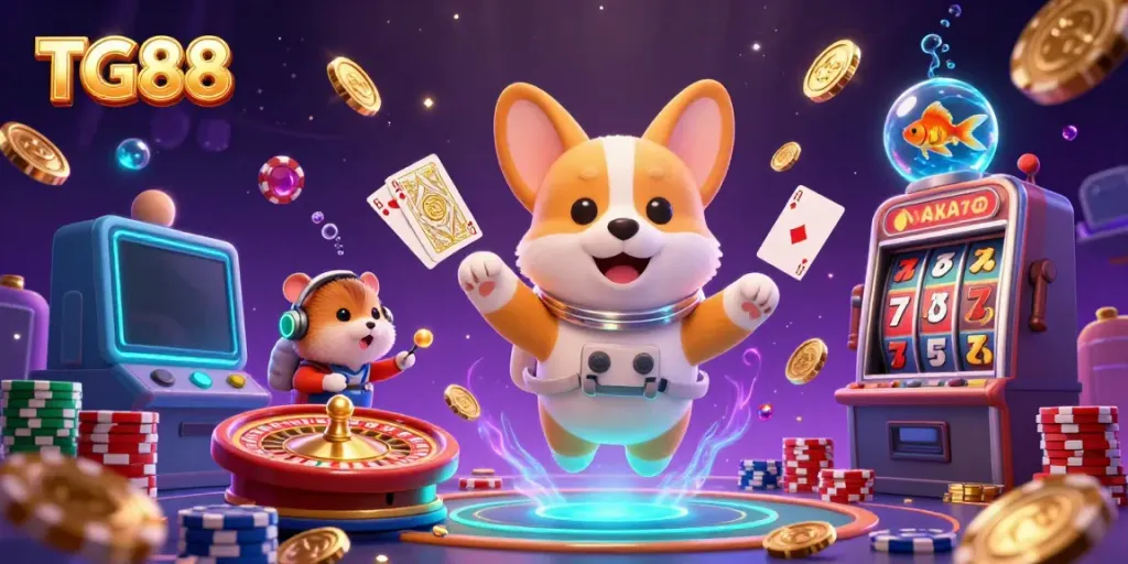 Experience the thrill of TG88 as a corgi astronaut plays in a vibrant space casino full of floating coins.