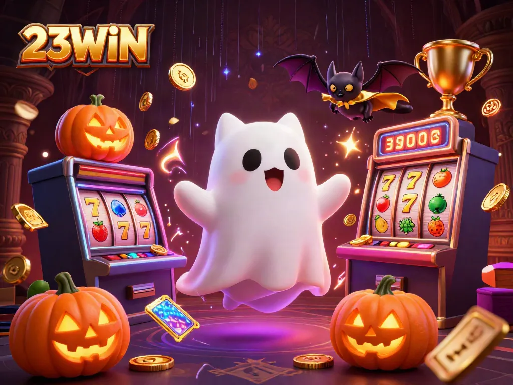 Engage in thrilling casino adventures with 23WIN's ghostly cat and vampire bat in an animated scene.