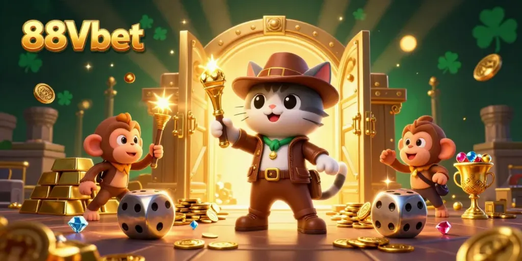 Experience the excitement of 88Vbet with a dynamic 3D illustration of a cat explorer and a treasure vault.