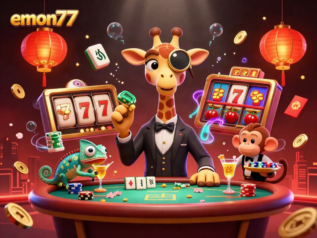 Engage with emon77 in a vibrant 3D casino scene featuring a giraffe and exciting game elements.