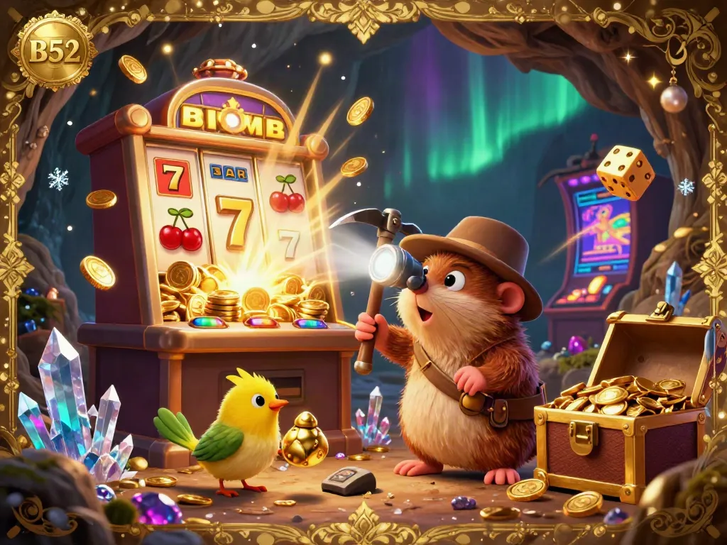 B52 slots jackpot scene with a treasure hunting mole, canary, and a dynamic slot machine explosion