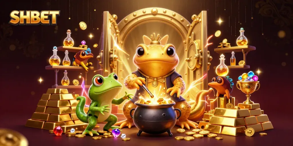 SHBET showcases a thrilling 3D illustration of a golden salamander alchemist crafting treasures in a medieval casino setting.