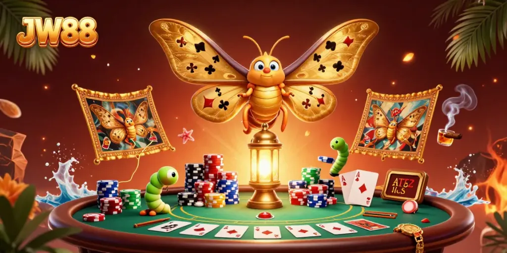 Experience thrilling gameplay with JW88's vibrant casino illustration featuring poker and game elements.