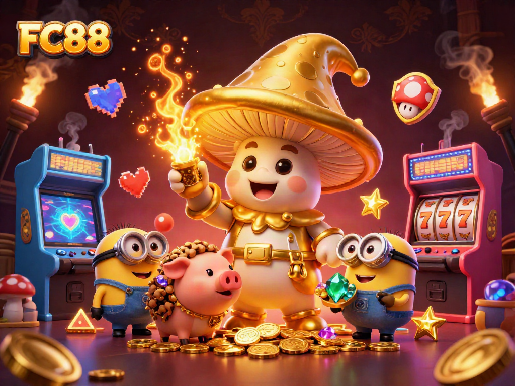 Engage in fortune with FC88 at a vibrant casino scene featuring magical elements and dynamic gaming.