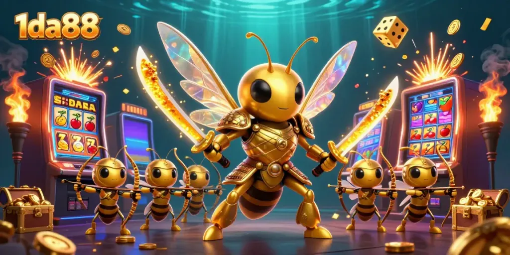 Experience thrilling excitement at 1da88 with golden hornet warriors amidst a jackpot explosion of coins.