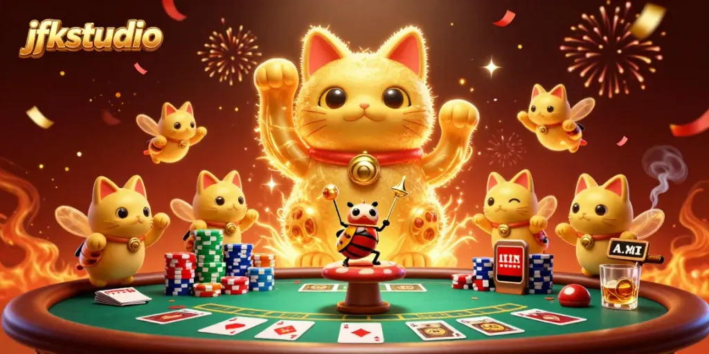 Experience the excitement of jfkstudio's vibrant casino illustration showcasing a lucky cat and dynamic gaming elements.
