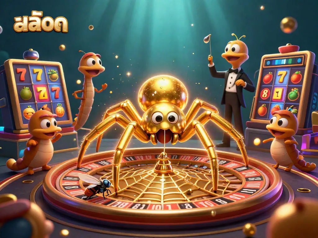 Spin the slots in stunning detail with a golden spider and lively characters in this vibrant 3D illustration.