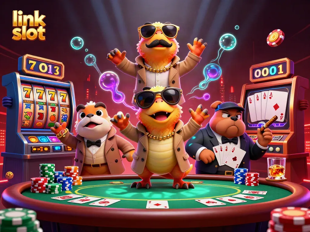 Experience the thrill of link slot reels with unique characters in a vibrant casino scene.