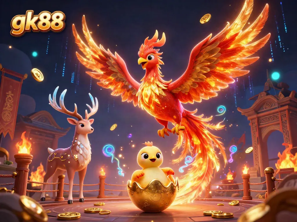 Engage in thrilling gaming at GK88, featuring vibrant phoenix and stag, embodying excitement.