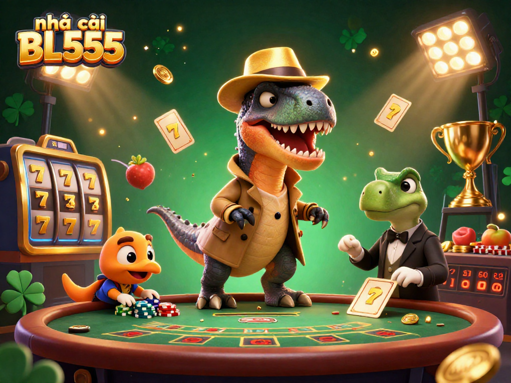 nhà cái BL555 features a charismatic velociraptor card counter amidst glamorous slot machines, creating vibrant casino excitement.