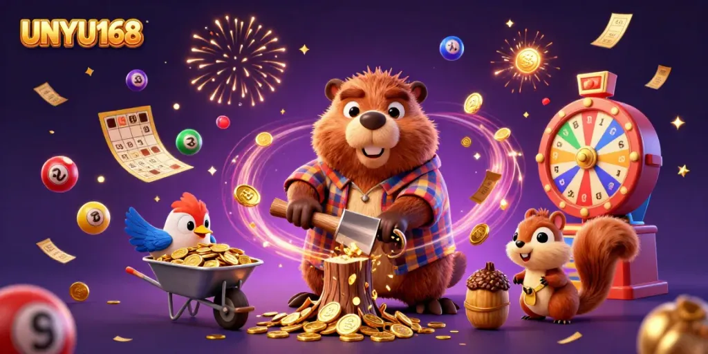 Gambarfkan UNYU168 dengan beaver pemotong kayu yang menurunkan koin emas, dikelilingi elemen permainan