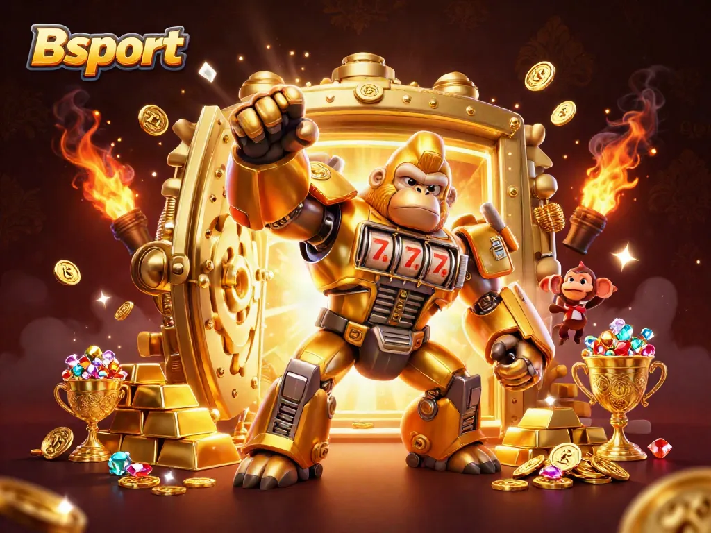 Bsport features a golden gorilla mech and treasure vault in a vibrant casino scene.