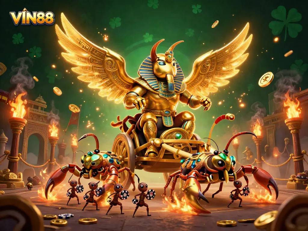 VIN88's golden scarab leads a dynamic casino scene filled with action and richness.