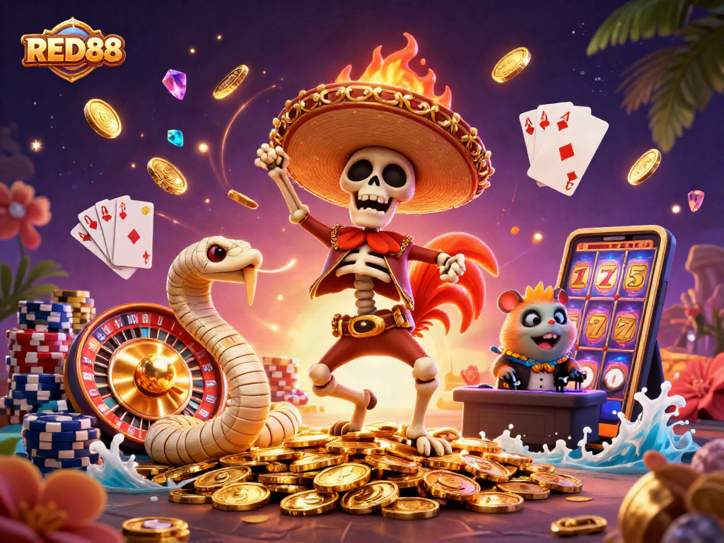 Join the RED88 excitement with vibrant casino characters dancing on treasures while gems and coins cascade around.