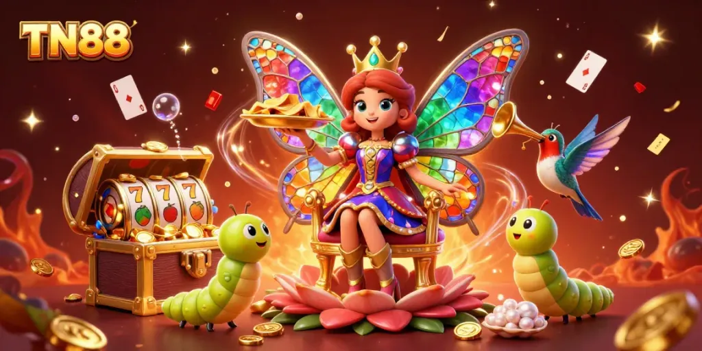 Experience the vibrant TN88 casino scene with a butterfly queen surrounded by festive gaming elements.