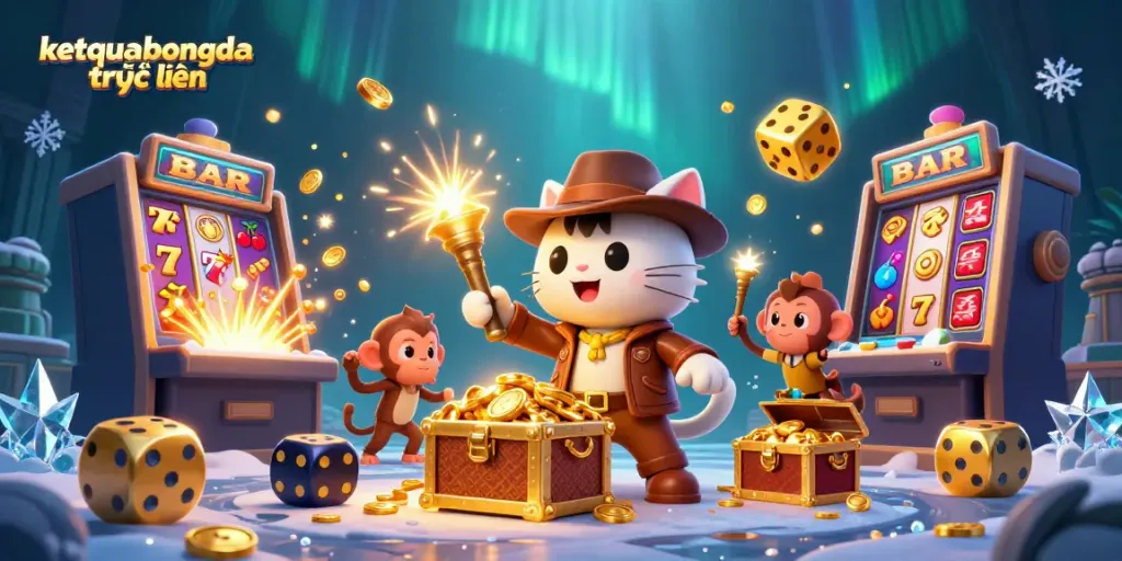 Experience the excitement of ketquabongda trực tuyến as our explorer cat discovers hidden treasures within an ancient temple, surrounded by vibrant casino elements.